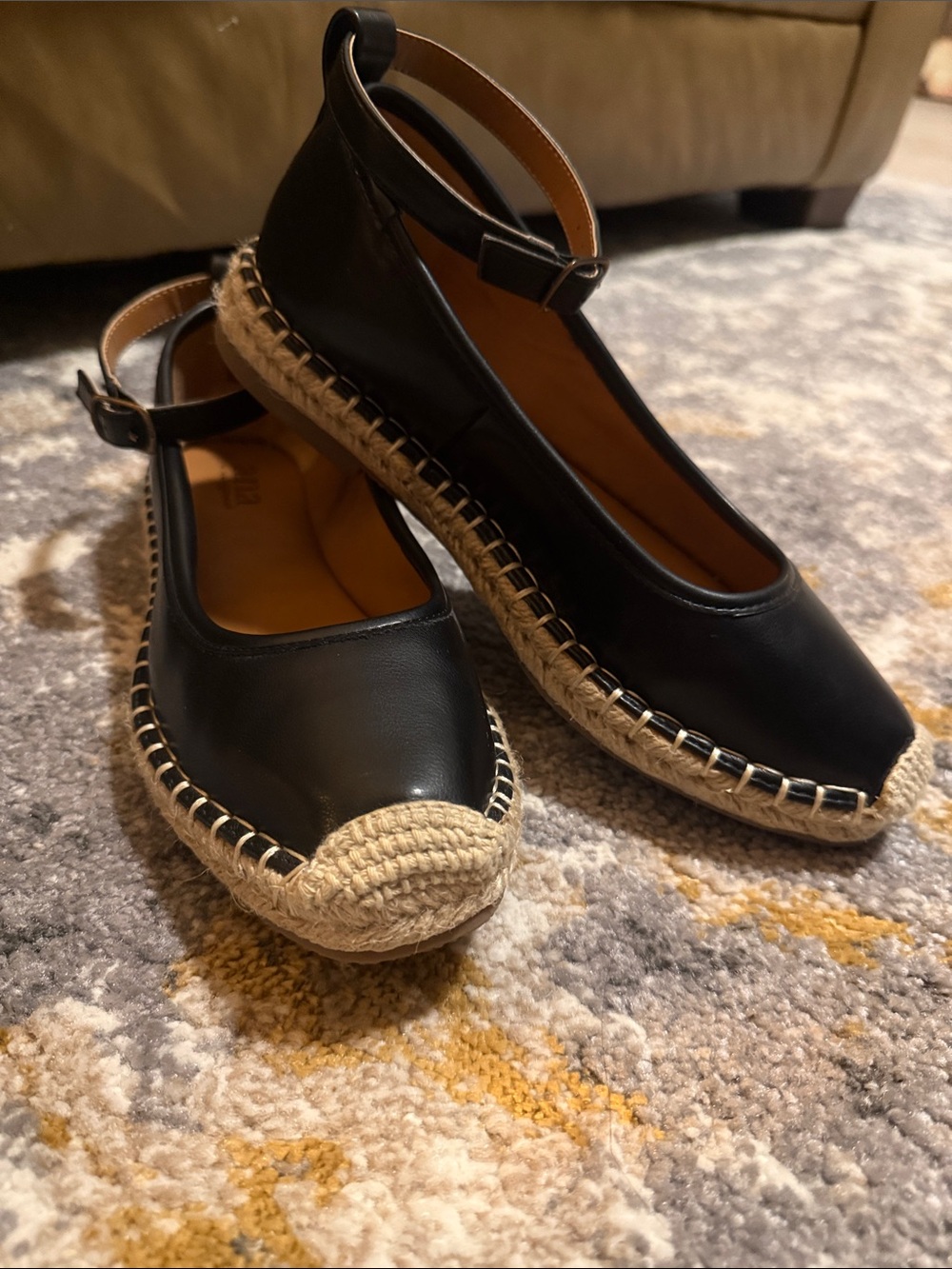 a.n.a Mint Black Leather Espadrille Flats with (removable) ankle strap.